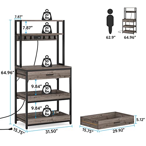 Tribesigns Bakers Rack with Power Outlets, 5-Tier Kitchen Storage Shelf, Microwave Oven Stand with Drawer, 65”H Coffee Bar Table, Kitchen Rack with Sliding Shelves and 6 Hooks, Grey