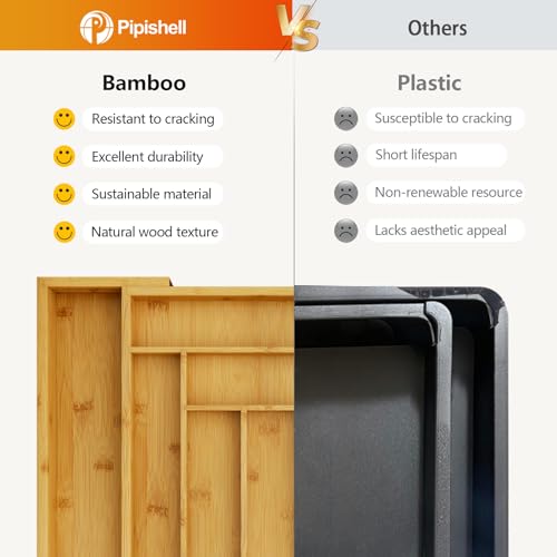 Pipishell Bamboo Expandable Drawer Organizer for Utensils Holder, Adjustable Cutlery Tray, Wood Drawer Dividers Organizer for Silverware, Flatware, Knives in Kitchen, Bedroom, Living Room