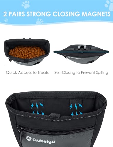 Dog Treat Pouch and Training Clicker, Upgrade Two Magnetic Closure to Prevent Spills, 2 Cup Treat Bag with Poop Bag Dispenser, Metal Clip Waist Belt Fanny Pack for Pet Walking (Black/Gray)