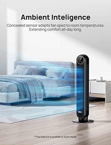 Dreo Tower Fan for Bedroom, 25ft/s Velocity Quiet Floor Fan, 90° Oscillating Fans for Indoors with 4 Speeds, 4 Modes, 8H Timer, Standing Fans, Bladeless Fan, Black, Nomad One (DR-HTF007)