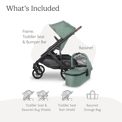 UPPAbaby Vista V2 Stroller/Convertible Single-to-Double System/Bassinet, Toddler Seat, Bug Shield, Rain Shield, and Storage Bag Included/Gwen (Green Mélange/Carbon Frame/Saddle Leather)