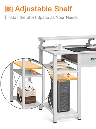 ODK Computer Desk with Drawers and Storage Shelves, 47 inch Home Office Desk with Monitor Stand, Work Study PC Desk for Small Spaces, White