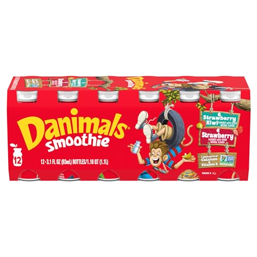 Danimals Smoothie Strawberry Explosion and Strikin' Strawberry Kiwi Dairy Drink Multi-Pack, Easy Snacks for Kids, 12 Ct, 3.1 OZ Smoothie Bottles