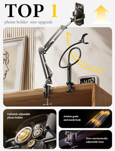 LISEN for Gooseneck Phone Holder for Bed Desk [3rd Upgrade] Cell Phone Stand for Desk Bed iPhone Holder Laying Down，Flexible Arm Clamp Clip Phone Mount Stand for Filming Fits iPhone 15 Max All Phone