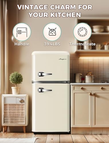 3.2Cu.Ft Compact Refrigerator Mini Fridge with Freezer, 2 Door Retro Small Refrigerator with Freezer, 7 Level Thermostat and Removable Shelves, Mini Fridge for Bedroom Office Apartment Dorm Bar