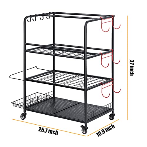 HEOMU Yoga Mat Storage Rack, Home Gym Storage Rack for Dumbbells Kettlebells, Gym Organizer Gym Equipment Storage Cart with Wheels and Hooks, Black