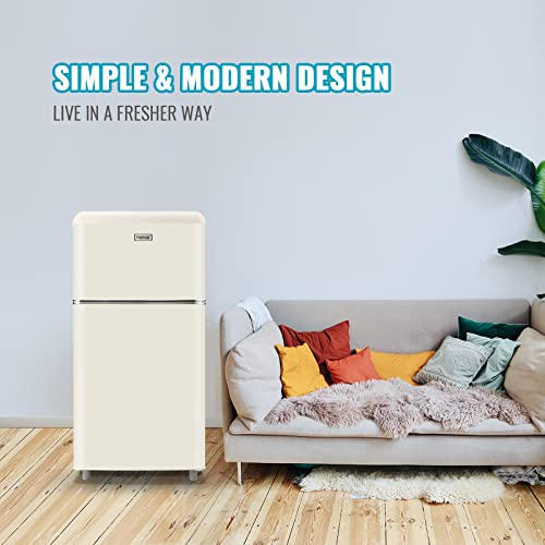 WANAI Small Refrigerator with Freezer 3.5 Cu.Ft Mini Fridge for Bedroom Dual Door Adjustable Shelves Dorm Refrigerator Suitable for Home Garage Office College Cream White