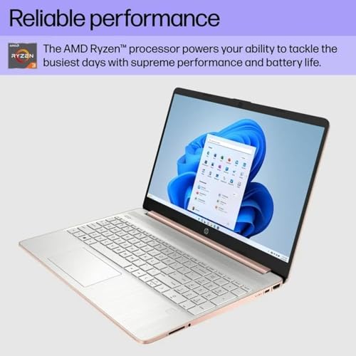 hp Newest 15.6 Laptop with Wireless Mouse and Fingerprint Reader, 16GB RAM, 256GB Storage(128GB SSD with 128GB Portable Drive), AMD Ryzen 3 Core, Long-Lasting Battery, Win11, Rose Gold