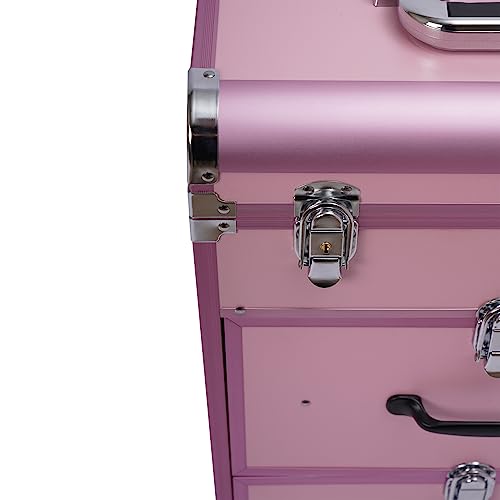 Rolling Makeup Case 3-Tier Cosmetic Trolley Case Large Professional Salon Storage Organizer with Adjustable Divider for Beauty Personal Care (Pink)