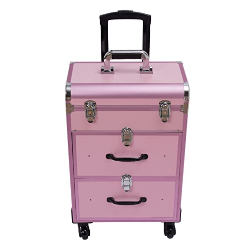 Rolling Makeup Case 3-Tier Cosmetic Trolley Case Large Professional Salon Storage Organizer with Adjustable Divider for Beauty Personal Care (Pink)