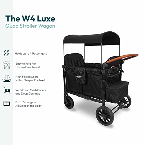 WONDERFOLD W4 Luxe Quad Stroller Wagon (4 Seater) - Collapsible Wagon Stroller with Seats with Magnetic Buckle 5-Point Harnesses and Adjustable Sun Canopy, Elite Black Camo