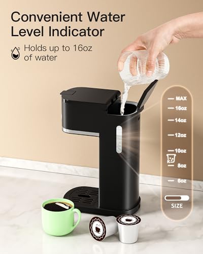 Famiworths Single Serve Coffee Maker, Iced and Hot Coffee Machine for K Cup & Ground Coffee, 6 to 16 Oz Brew Sizes, Fit 8.5" Travel Mug, Capsule Coffee Machine with Descaling Reminder, Black