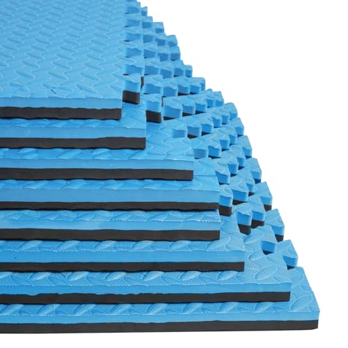3/4 in Thick 48 Sq Ft EVA Foam Exercise Gym Mats 12 Pcs - Interlocking Puzzle Floor Tiles for Home Gym Heavy Workout Equipment Flooring - 24 x 24in Tile, Black & Blue