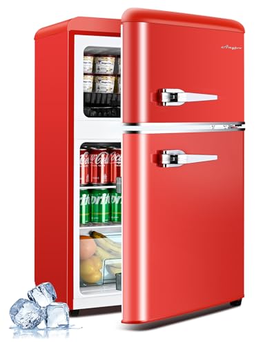 3.2 Cu.Ft Compact Refrigerator Mini Fridge with Freezer, Retro Double Door Small Fridge, 7 Level Thermostat Removable Shelves, Small Refrigerator for Dorm, Office, Bedroom, Red