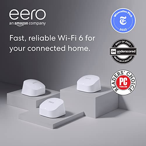 Amazon eero 6 mesh Wi-Fi system | Supports speeds up to 500 mbps | Connect to Alexa | Coverage up to 4,500 sq. ft. | 3-pack, one router + two extenders, 2020 release