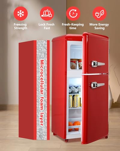 3.5 Cu.Ft Small Refrigerator with freezer, Compact Refrigerator, Retro Fridge with Dual Door,7 Level Adjustable Thermostat for Garage, Dorm,Bedroom, Office, Apartment-Red