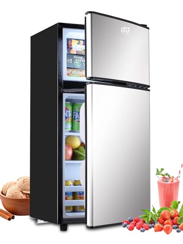 KRIB BLING 3.5Cu.Ft Compact Refrigerator Mini Fridge with Freezer, Small Refrigerator with 2 Door, 7 Level Thermostat Removable Shelves for Kitchen, Dorm, Apartment, Bar, Office Silver