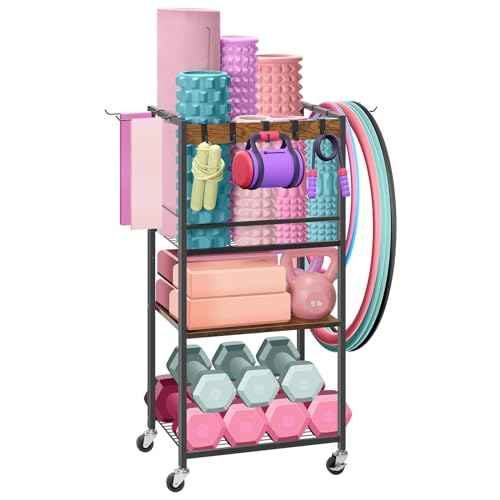 HEOMU Yoga Mat Storage Rack, Home Gym Storage Rack for Dumbbells Kettlebells, Gym Organizer Gym Equipment Storage Cart with Wheels and Hooks, Black