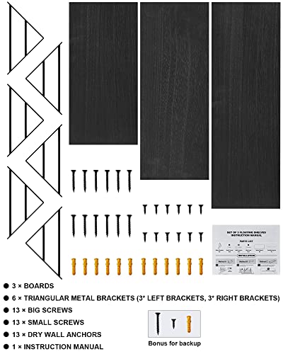 BAYKA Wall Shelves for Bedroom Decor, Floating Shelves for Wall Storage, Wall Mounted Rustic Wood Shelf for Books,Plants,Small Wall Shelf for Bathroom,Kitchen,Living Room(Black，Set of 3)