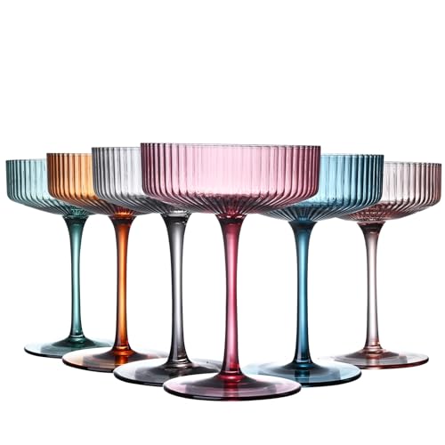 Art Deco Colored Vintage Coupe Glasses, Ribbed Crystal Handmade Martini & Cocktail Glasses, Perfect for Dessert, Manhattan, Cosmopolitan, Gimlet, Pisco Sour - 7Oz