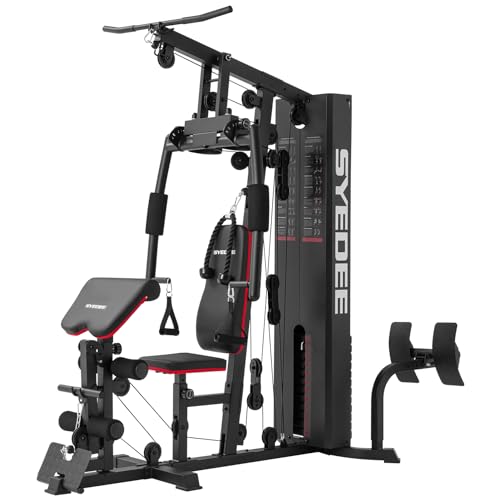Home Gym Station, 150LB Weight Stack Multifunctional Home Gym Equipment for Full Body Strength Training Workout, LAT Pulldown Pulley System, Chest/Leg Exercise and Preacher Curl Fitness
