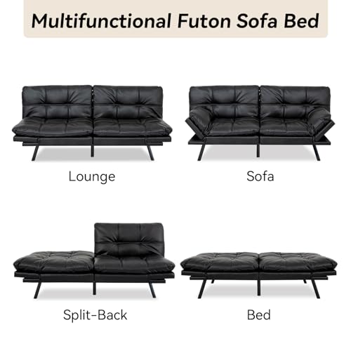 Convertible Futon Sofa Bed Couch,Memory Foam Futon Couch Bed,Loveseat Sleeper Sofa Bed,Small Splitback Faux Leather Modern Sofa Couch for Living Room,Office,Apartment,Matte Black