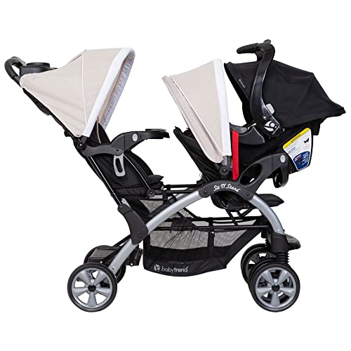 Baby Trend Sit N Stand Easy Fold Travel Double Baby Stroller and Single Infant Car Seat Travel System with Safety Harnesses and Cover, Khaki