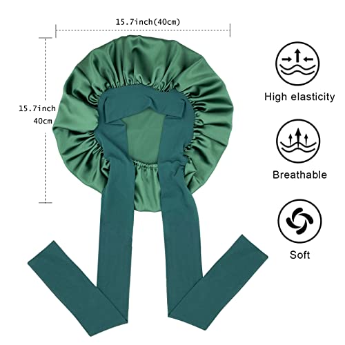 Satin Silk Hair Bonnet for Sleeping Large Bonnets with Tie Band Hair Wrap with Adjustable Straps Hair Cap Night Sleep Caps for Women Curly Braid Hair Hunter Green