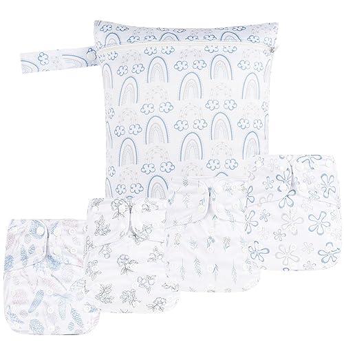 9 Sets Newborn Baby Cloth Pocket Diapers Adjustable Reusable for Baby Boys and Girls(6-33 pounds,0-3 Years),One Wet Bag+4Diapers and 4Inserts (AD07)