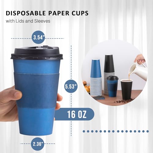 100 Pack 16 oz Disposable Coffee Cups with Lids and Sleeves, To Go Paper Cups,Hot & Cold Drinks Cups for Tea, Coffee, Water, Hot Chocolate, Paper Coffee Cups Ideal for Home,Cafes,Restaurant,Store