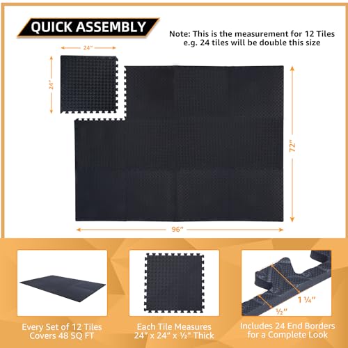 24 Pack, 96 SQFT 1/2" Extra Thick Floor Exercise Mat for Home Gym or Floor Padding for Kids - High-Density EVA Interlocking Foam Floor Tiles for Gym Equipment, Play Area - Yoga, Cardio, Weights, MMA