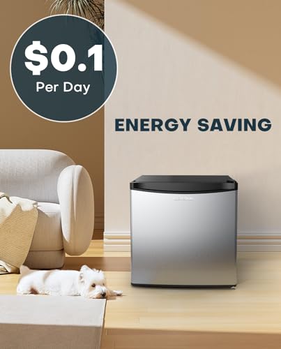 Upstreman 1.7 Cu.ft Mini Fridge with Freezer, Adjustable Thermostat, Energy Saving, Low Noise, Single Door Compact Refrigerator for Dorm, Office, Bedroom, Stainless- FR17