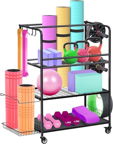 HEOMU Yoga Mat Storage Rack, Home Gym Storage Rack for Dumbbells Kettlebells, Gym Organizer Gym Equipment Storage Cart with Wheels and Hooks, Black
