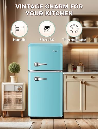 3.2 Cu.Ft Compact Refrigerator Mini Fridge with Freezer, Retro Double Door Small Fridge, 7 Level Thermostat Removable Shelves, Small Refrigerator for Dorm, Office, Bedroom, Blue