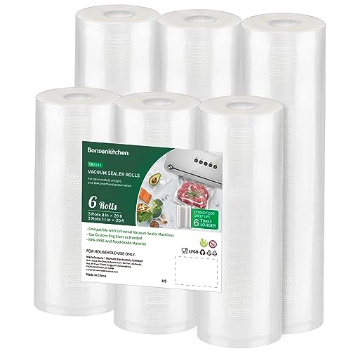 Bonsenkitchen Vacuum Sealer Rolls Bags, 6 Pack 3 Rolls 11" x 20' + 3 Rolls 8" x 20' Commercial Grade BPA Free Bag Rolls, Durable Customized Size Food Vac Bags for Storage and Sous Vide Cooking VB3211