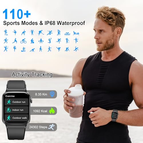 Smart Watch for Men Women, 1.85" Smartwatch (Answer/Make Call), IP68 Waterproof Fitness Tracker, 100+ Sport Modes, Heart Rate and Sleep Monitor, Pedometer, Smartwatches for Android iOS, Deep Black