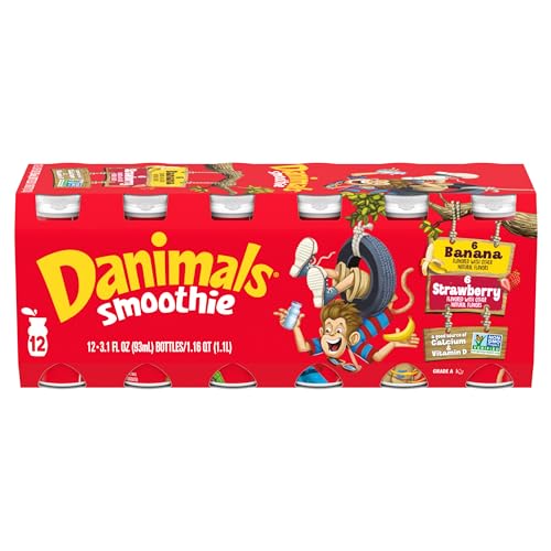 Danimals Smoothie Strawberry Explosion and Banana Split Dairy Drink Multi-Pack, Easy Snacks for Kids, 12 Ct, 3.1 OZ Smoothie Bottles