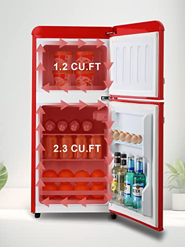 KRIB BLING Refrigerator with Freezer 3.5 Cu.Ft with 7 Level Adjustable Thermostat Control 2 Door Energy Saving Top-Freezer Compact Refrigerator Red