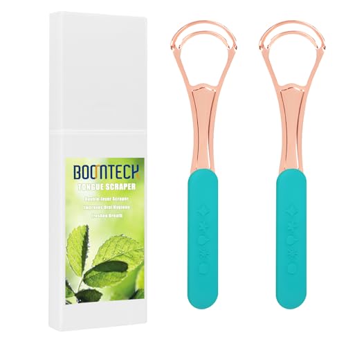 Tongue Scraper for Adults, 2 Pack Stainless Steel Tongue Cleaner, Surgical Grade Metal Fresh Breath Tongue Brush Kits with Travel Case for Men & Women Oral Care Bad Breath Cure (Gold)