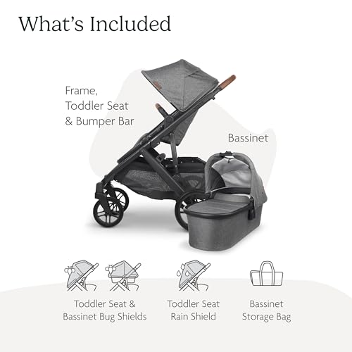 UPPAbaby Vista V2 Stroller / Convertible Single-To-Double System / Bassinet, Toddler Seat, Bug Shield, Rain Shield, and Storage Bag Included / Greyson (Charcoal Mélange/Carbon Frame/Saddle Leather)