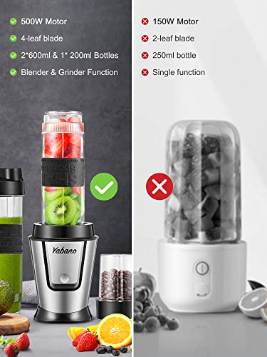 Personal Blender with 2 x 20oz Travel Bottle and Coffee/Spices Jar, Portable Smoothie Blender and Coffee Grinder in One, 500W Single Serve Blender for Shakes and Smoothies, BPA free(Black)
