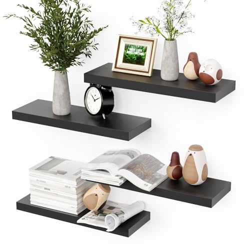 Black Floating Shelves for Wall, 4 Sets Black Wall Shelves Wall Mounted, Black Display Shelves for Bedroom Wall Decor, Wall Storage Shelf for Bathroom, Kitchen, Living Room – Black