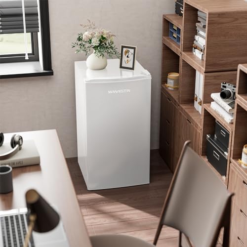 3.2 Cu. Ft Mini Fridge with Freezer for Bedroom, Dorm, Office, Compact Refrigerator with Adjustable Thermostat, Removable Glass Shelves and Reversible Door (White)