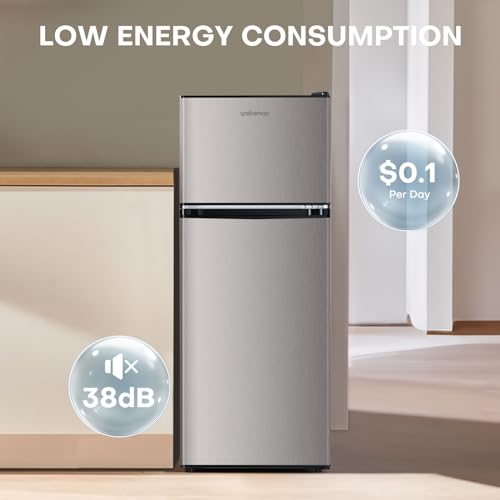 Upstreman 4.0 Cu.Ft. Mini Fridge with Freezer, Double Door, Mini Fridge for Office, Dorm, Bedroom, Adjustable Thermostat, Large Capacity, Stainless-SR401