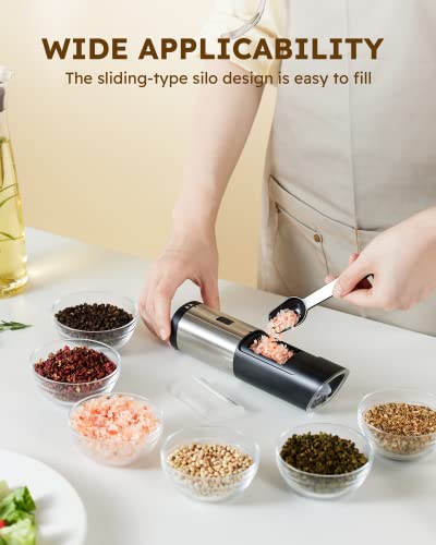 Sangcon Electric Salt & Pepper Grinder Set, Battery Powered with LED Light, Adjustable Coarseness, Safety Switch, Stainless Steel, 2 Pack