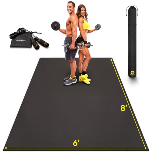 ActiveGear Large Exercise Mat 8 x 6 ft 7mm Thick Premium Ultra-Durable Non-Slip Rubber Workout Mat for Home Gym Flooring | Ideal for Cardio, Fitness, Plyo | Bonus Jump Rope and Storage Bag Included