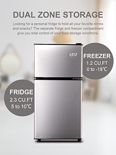 KRIB BLING Mini Fridge With Freezer,3.5 Cu. Ft Refrigerator With 2 Doors,7- Level Adjustable Thermostat, Removable Glass Shelves For Bedroom, Office, Kitchen, Apartment, Dorm, Silver