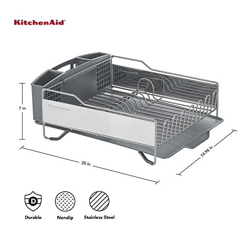 KitchenAid Large Capacity,Full Size, Rust Resistan Dish Rack with Self Draining Angled Drain Board and Removable Flatware Caddy, Light Grey, Gray