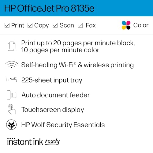 HP OfficeJet Pro 8135e All-in-One Printer, Color, Printer for Home, Print, Copy, scan, fax, Instant Ink Eligible; Automatic Document Feeder; Touchscreen; Quiet Mode; Print Over VPN