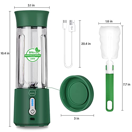 Personal Juicer, Miaoke Portable Blender 17 Oz 6 Leaves High-Speed 304 Stainless Steel Blade 22000 R/Min 4000Ah Type-C Rechargeable 4-Grade power prompt With Portable Removable Cup Lid/DK Green